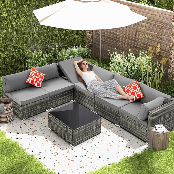 7 Piece Patio Furniture Set with Adjustable Bracket Grey Wicker Rattan Patio Conversation Sets Sectional Sofa Set with Table and Cushions for Porch Lawn Garden, Grey