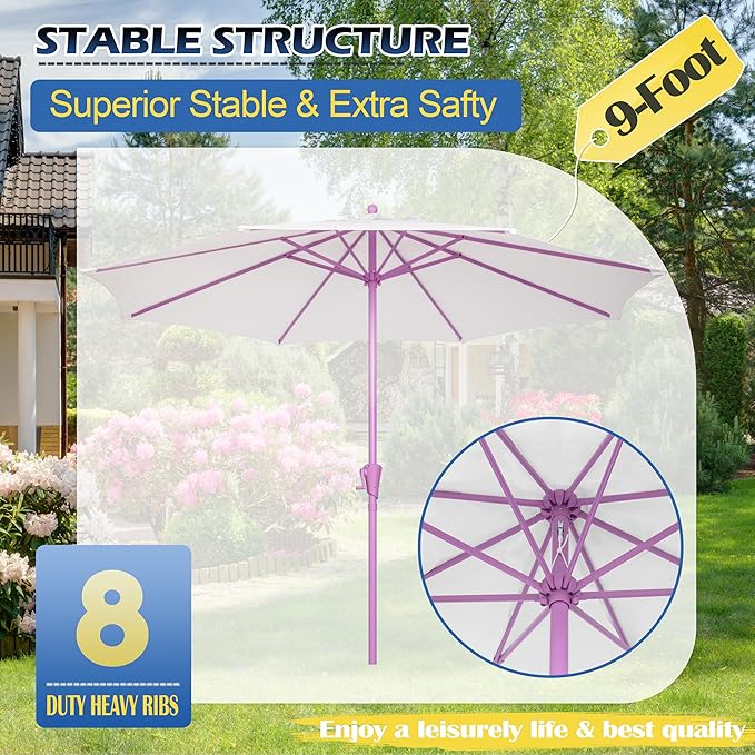 Sunnyglade 9FT Outdoor Patio Umbrella, Market Table Umbrella with 8 Sturdy Ribs and Crank System, Fade-resistant & Waterproof for Garden Backyard Poolside Deck