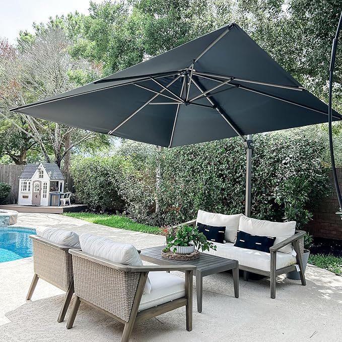 PURPLE LEAF 10’ X 10‘ Patio Umbrella Outdoor Cantilever Umbrella, Aluminum Offset Umbrella with Champagne Frame and 360° Rotation for Pool Deck Garden, Grey