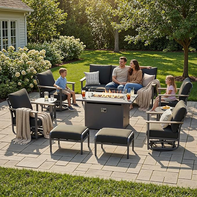 9-Seat Outdoor Patio Furniture Set with Rocking Swivel Chairs, Aluminum Sectional Sofa with Ottomans Patio Conversation Set with 55,000 BTU Fire Pit Table & High Backrest, Dark Grey