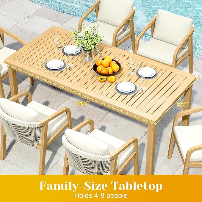 FansaFurn 3-Piece Outdoor Dining Set for 4 with 2 Benches and Cushion, All-Weather Acacia Wood Patio Table and Bench Set for Garden and Lawn, Beige