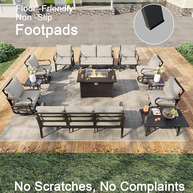 12 Pieces Patio Furniture Set, Metal Outdoor Conversation Sets with Fire Pit Table and Swivel Chairs for Backyard Garden Deck Porch Poolside (Thick Beige Cushions)