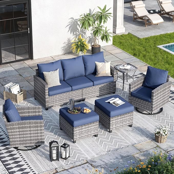 Patio Furniture Sets, 6 Pieces Patio Outdoor Sectional Furniture, Wicker Rattan Conversation Sofa with Swivel Chair, Ottomans, Side Table, 4" Thick Cushion, for Porches Balconies, Navy Blue