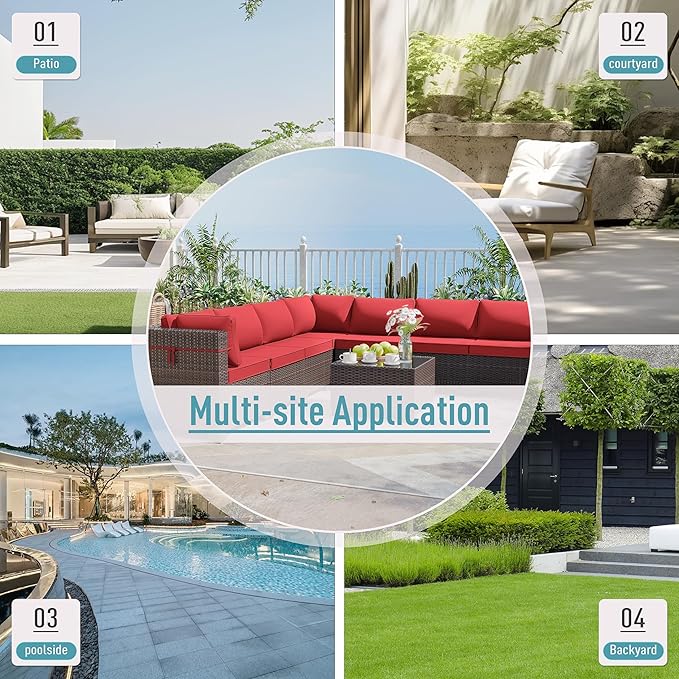 ALAULM 9 Pieces Patio Furniture Set Wicker Patio Conversation Set, Outdoor Sectional Furniture w/Coffee Table & Washable Seat Cushions-Red
