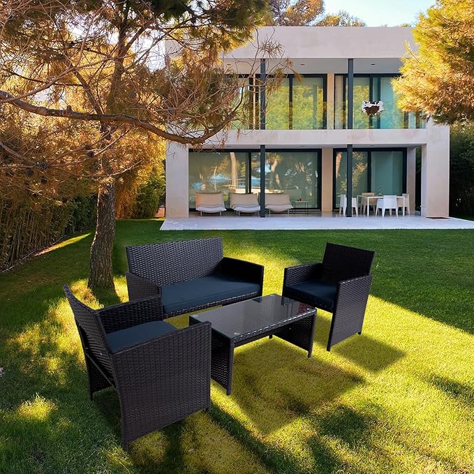 4 Pieces Patio Furniture Set,Porch Conversation Set for Garden, Outdoor PE Rattan Wicker Chairs with Cushion,Sectional Loveseat for Poolside or Backyard (Black-DarkBlue)