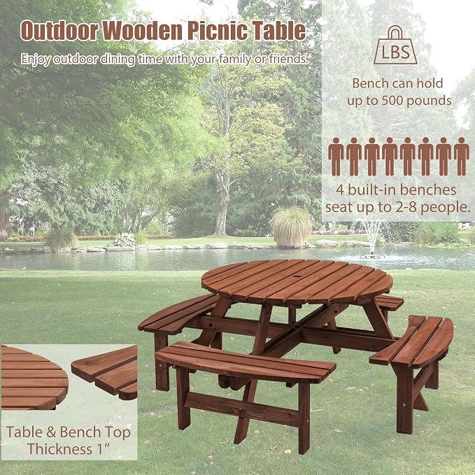 70 in. Round Wooden Picnic Table for 8 Persons with 4 Built-in Benches, 2220 lbs Capacity Outdoor Camping Dining Set for Garden, Patio, Backyard, DIY Natural Finish with Umbrella Hole
