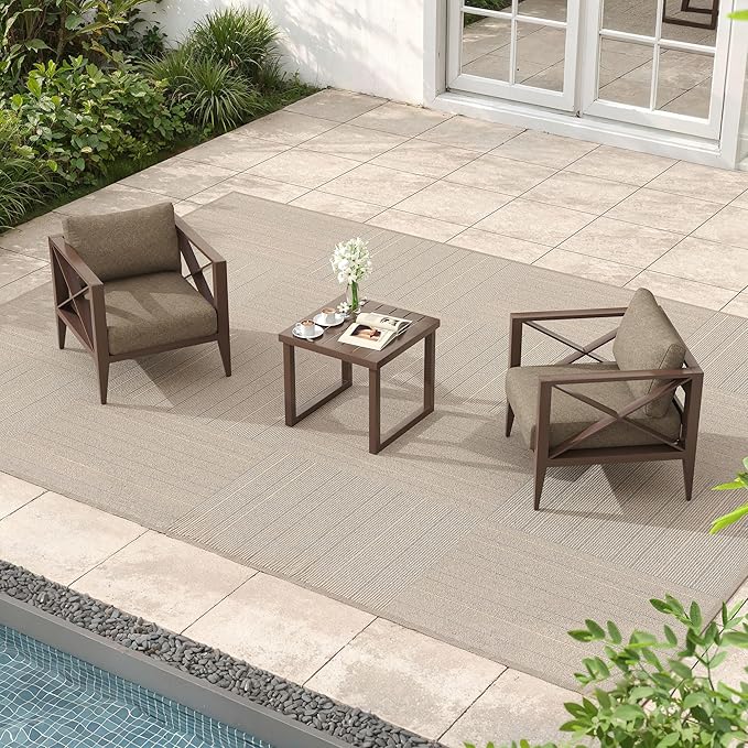 3-Piece Oversized Aluminum Patio Furniture Set, Outdoor Deep Seating Conversation Sofa Set with Coffee Table, 6.1" Cushions, All-Weather Rust-Proof Frame for Backyard, Deck, Balcony-Brown