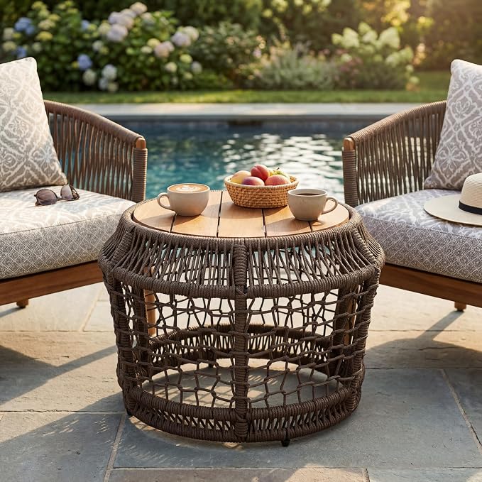 Outdoor Side Table with Grey Rope Frame, Patio Side Tables for Outside, Round Acacia Wood Outdoor End Table for Poolside Backyard Gazebo,No Assembly Required