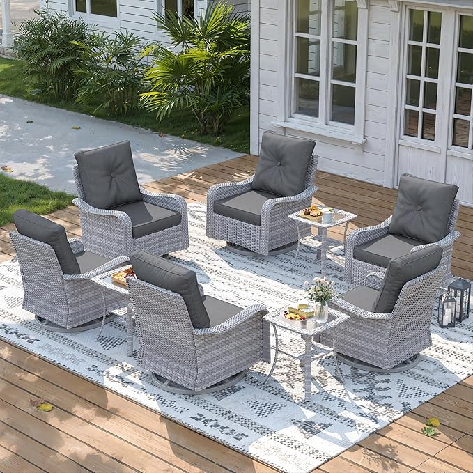 9 Piece Wicker Patio Furniture Set, Swivel Rocking Chairs with 4''Cushions, PE Rattan, Rust Resistant Frame, Double Layer Glass Side Table, for Backyard, Deck or Balcony, Black