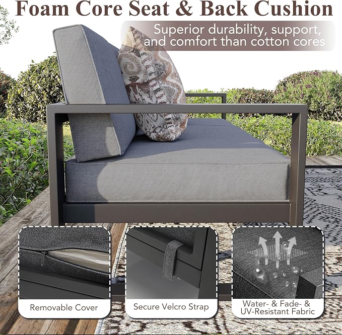 Green4ever Aluminum Patio Furniture Set, 8 Pieces Modern Outdoor Conversation Set All-Weather Metal Sectional Couch Sofa Upgraded Foam-Filled Cushions with Ottoman and Coffee Table (Grey)