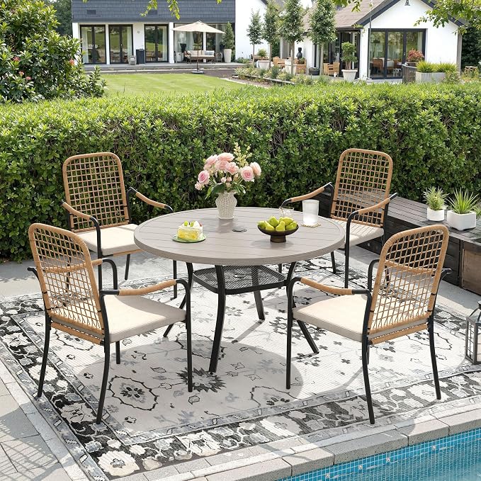 DIFY 5 Pieces Outdoor Dining Set for 4, 40.6" Round Dining Table with Umbrella Hole & Wicker Stackable Patio Chairs with Cushions, Metal Patio Table and Chairs Set for Backyard Porch, Grey Wood-Like