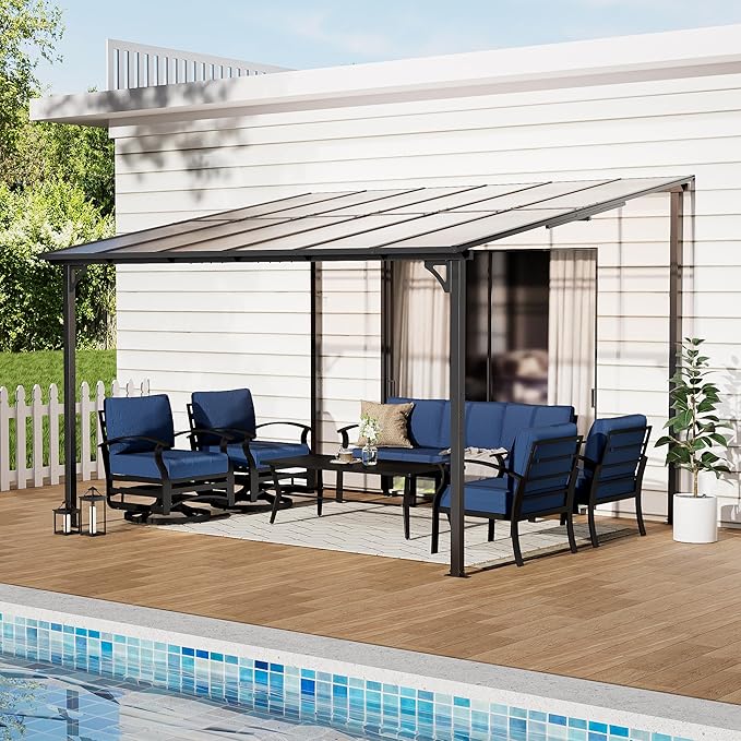 10' x 12' Lean to Gazeb,Hardtop Galvanized Steel Pergola with Sloped Polycarbonate Roof,Wall Mounted Gazebo Patio Canopy with Ground Anchor for Backyard Deck