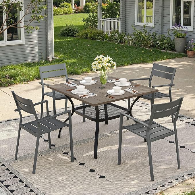 Outdoor Dining Table with Adjustable Umbrella Hole, 37.8" All-Weather Square Patio Dining Table for 4, Metal Patio Table for Garden Lawn Porch Deck Yard, Grey