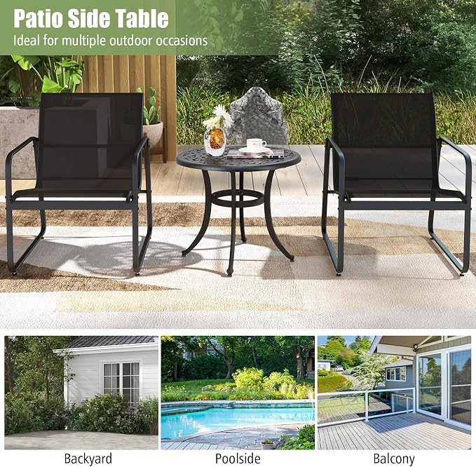 Tangkula 24 Inch Patio Side Table, Cast Aluminum End Table with Adjustable Footpads, Outdoor Small Coffee Table, Round Metal Patio Table for Poolside, Backyard, Balcony (1, Black)