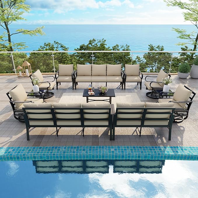 12 Pieces Patio Conversation Sets, All-Weather Metal Swivel Rocking Chairs with Rope Furniture Set, Outdoor Sofa Couch for Deck, Porch, Garden, Backyard, Poolside (Beige Cushions)