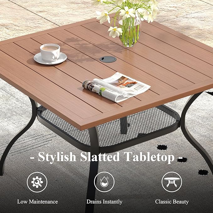 5 Pieces Outdoor Dining Set, Stackable Textilene Paito Chairs & 37.8" Square Dining Table with Umbrella Hole and Shelf, Patio Dining Set for Backyard, Deck, Garden, Brown & Walnut