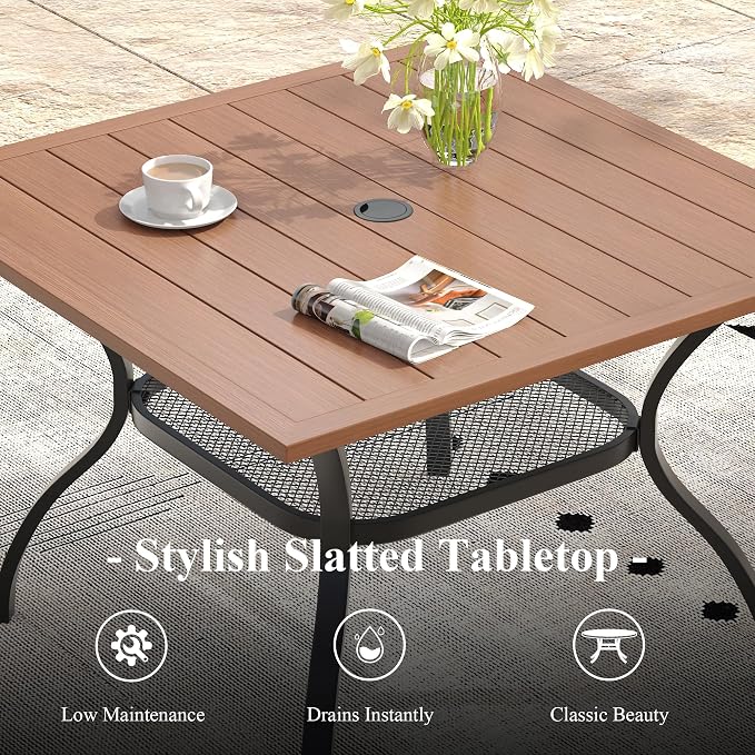 5 Pieces Outdoor Dining Set, Stackable Textilene Paito Chairs & 37.8" Square Dining Table with Umbrella Hole and Shelf, Patio Dining Set for Backyard, Deck, Garden, Brown & Walnut