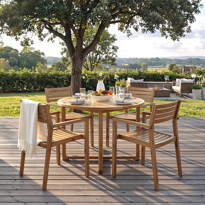 5 Pieces Outdoor Acacia Wood Dining Table Set with 47.2" L Slatted Round Table and 4 Chairs, Modern Patio Dinner Set with Cushions for Backyard, Lawn, Garden, Poolside or Indoor, Natural