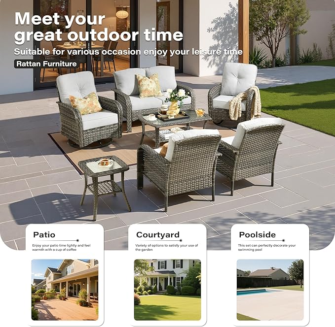 7 Pieces Patio Conversation Sets,Patio Furniture Set with Swivel Rocking Chairs,Coffee Table, Side Table, All Weather Rattan Wicker Outdoor Sectional Furniture Set for Porch Balcony Backyard Gray
