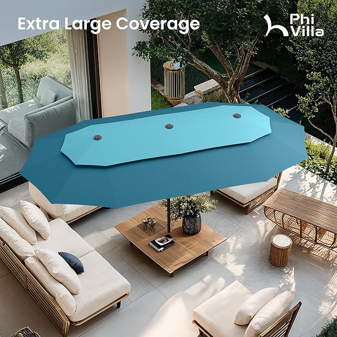 PHI VILLA 13ft Large Patio Umbrellas with Base Included, 2-Tier Double-Sided Outdoor Market Rectangle Umbrella for Outside, Blue & Cerulean