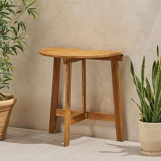roomfitters Outdoor Half-Round Folding Acacia Wood Bistro Table, Small Space Patio Dining Accent Table, Natural