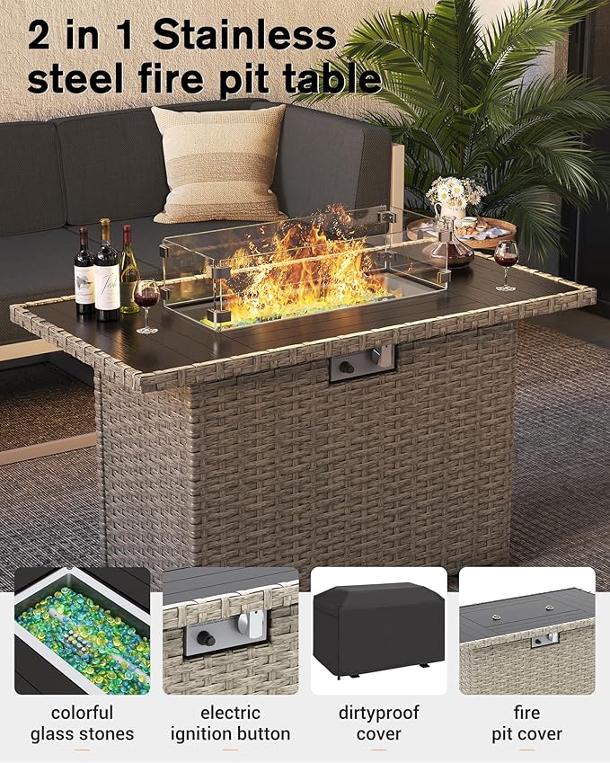 UDPATIO Aluminum Patio Furniture Set with Fire Pit Table, Modular Oversized Outdoor Sectional of Olefin 5 inch Cushion, Coffee Table and Waterproof Cover, Patio Conversation Sets for Porch, Deck