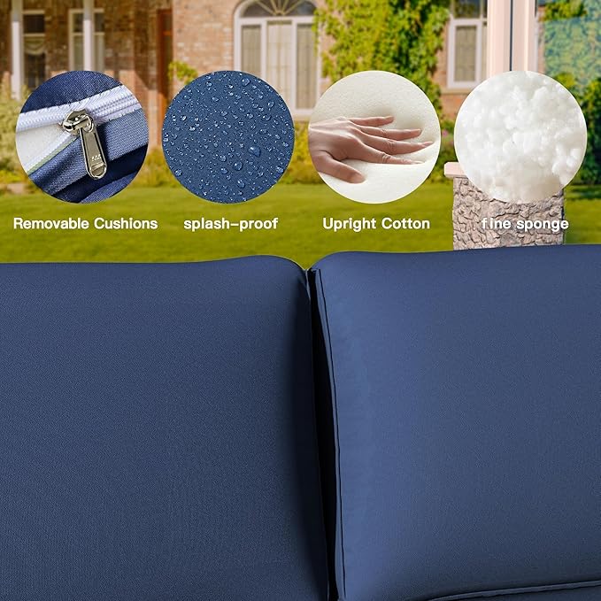 7 Pieces Outdoor Patio Furniture Sets,Wicker Conversation Set Sectional Sofa,Includes 6 All-Weather High Back PE Rattan Seating Components w/Thickened Cushions&Coffee Table,Navy