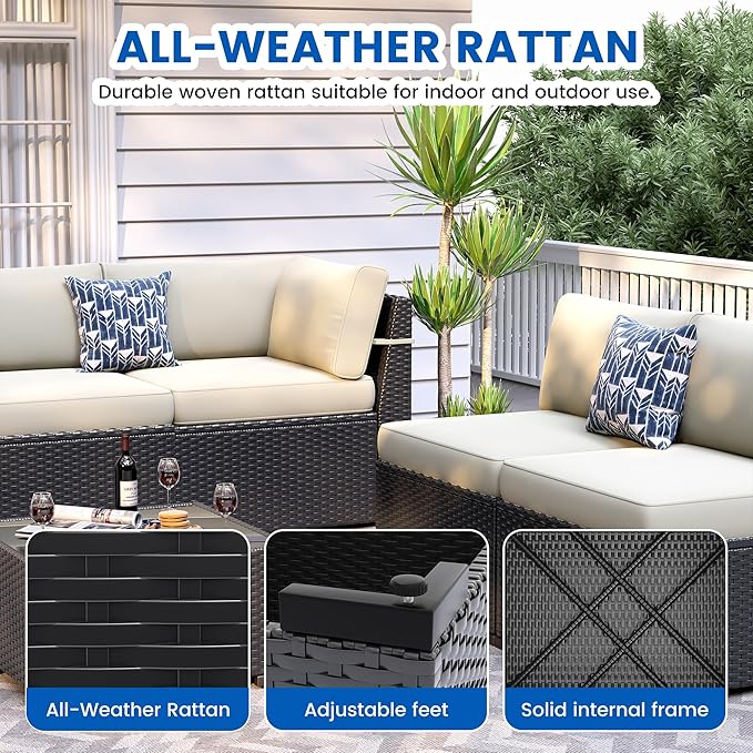 8 Piece Patio Furniture Set with 44” Fire Pit Table All-Weather Wicker Conversation Sectional Sofa & Coffee Table with Thickened Cushions for Backyard, Garden(Khaki)