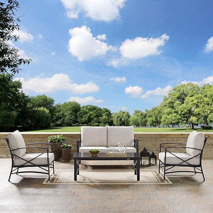 Crosley Furniture Kaplan 4-Piece Outdoor Loveseat Patio Furniture Set, Conversation Sets for Porch, Deck, Oiled Bronze with Oatmeal Cushions