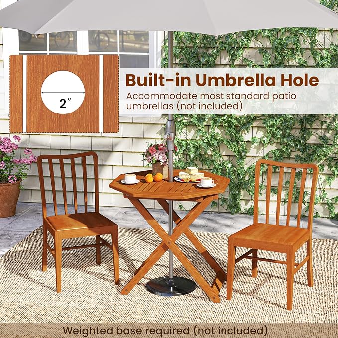 Byroce Outdoor Patio Table, Octagon Folding Bistro Table with Slatted Tabletop & 2” Umbrella Hole, Solid Wood Outdoor Dining Table, Portable for Backyard, Poolside & Balcony (1)