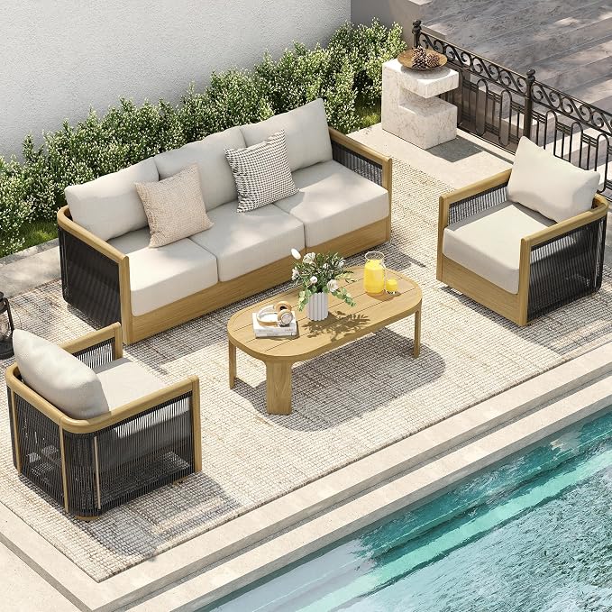 HAPPATIO Aluminum Patio Furniture Set, 3 Pieces Wood-Like Oversized 3-Seat Sofa Conversation Set with Thick Cushion, Curved Tub Design with Woven Rope Accents for Garden, Backyard, Poolside
