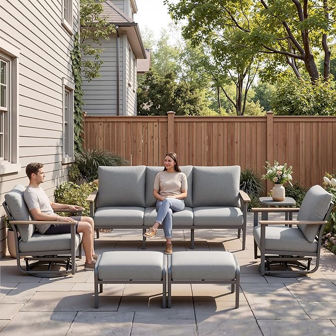 Aluminum Outdoor Patio Furniture Set, 6-Piece Outdoor Sofa with 5.1" Thick Cushions, Swivel Rocking Chairs, Outdoor Couch with Ottomans, for Porch, Garden, Gray