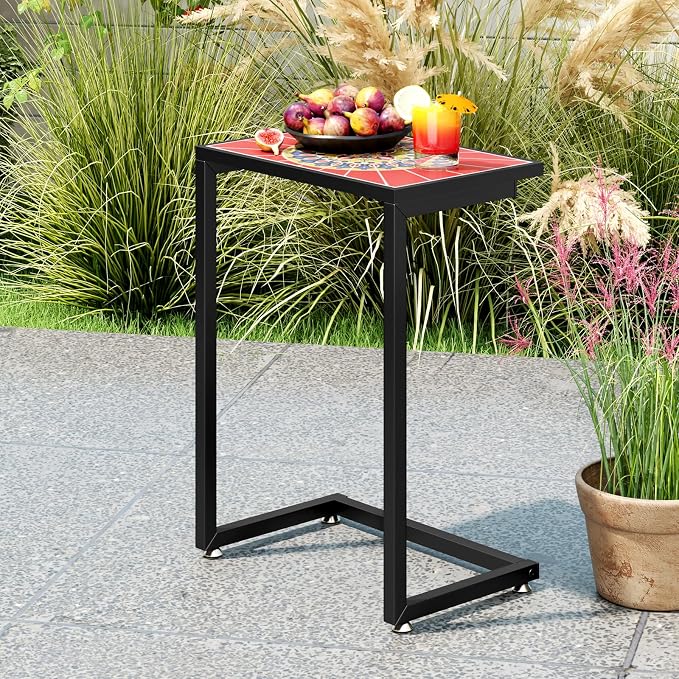 Giantex Mosaic C-Shaped Outdoor Side Table with Sturdy Metal Frame and Adjustable Foot Pads, 110 Lbs Capacity, Patio End Table for Sofa Side, Living Room, Bedroom, Outside (1)