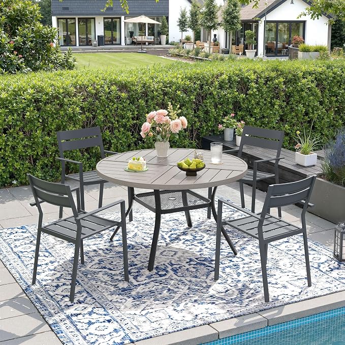 DIFY 5 Piece Outdoor Patio Dining Set for 4, 40.6" Round Dining Table with Umbrella Hole and Stackable Metal Chairs, Patio Table and Chairs Set for Backyard Garden Poolside, Grey Wood-Like & Grey