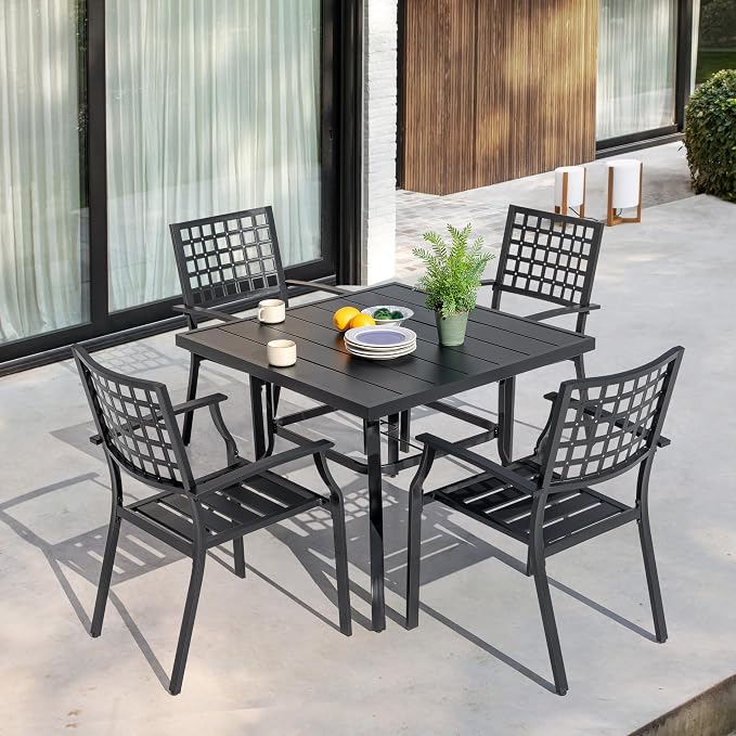 NUU GARDEN 5 Piece Outdoor Patio Dining Set, 37" Square Dining Table with 1.57" Umbrella Hole and 4 Dining Chairs, Powder-Coated Finish, for Garden,Patio, Deck, Backyard, Black