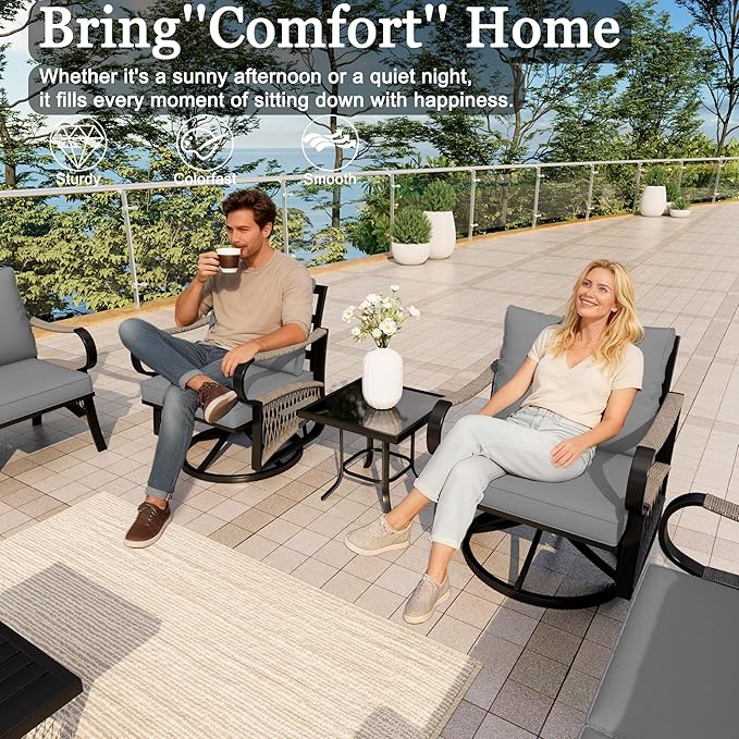 8 Pieces Patio Conversation Sets, All Weather Metal Outdoor Furniture Set with Swivel Rocking Chairs Set, Outdoor Furniture Set with Sectional Sofa Couch Loveseat (Gray Cushions)
