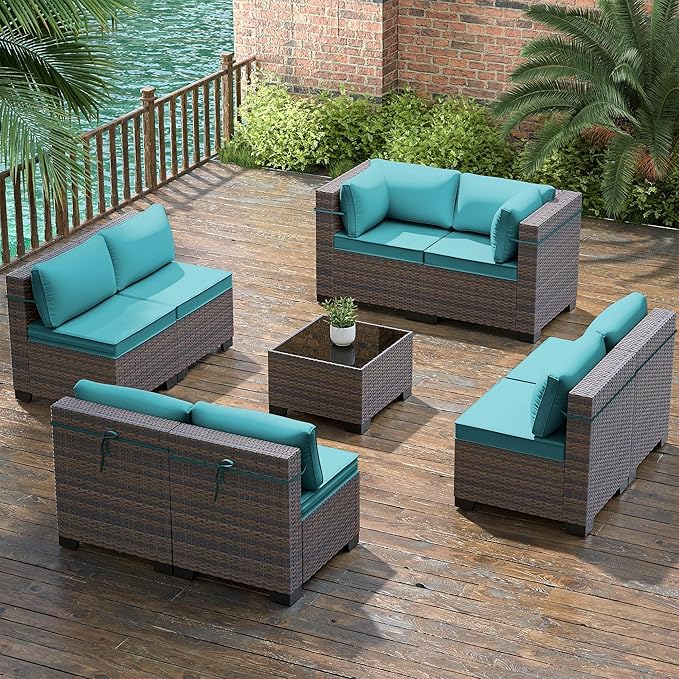 Gotland 9 Pieces Patio Furniture Set with 29.5'' High Backrest, All Weather PE Wicker Outdoor Furniture with 4’’ Thickened Cushions Coffee Table, Patio Set for Deck, Garden, Backyard, Blue