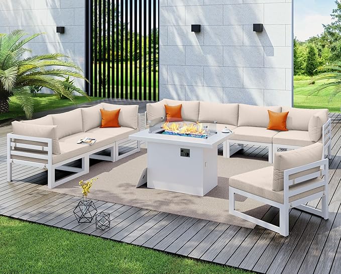 NICESOUL 9 Piece L-Shaped Contemporary Aluminum Outdoor Furniture Set with Firepit, 29" Deep Wide Large Couch Set, 500 lbs High Weight Capacity Modular Patio Sectional Sofa for Garden Terrace, Beige