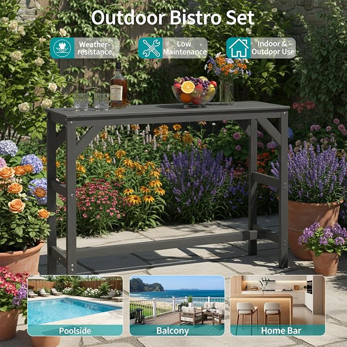 HIPS Outdoor Patio Bar Table, All Weather HIPS Table for Outside, 55" Rectangular High Top Table for Poolside, Patio, Balcony, Deck (Black, Bar Table)