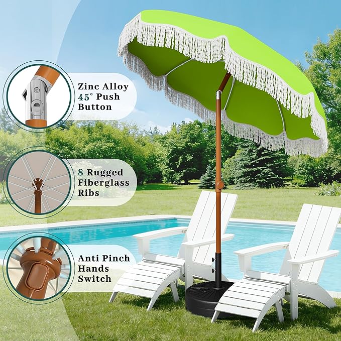 AreShark 7ft Patio Umbrella with Fringe, UPF50+ Beach Umbrella for Table, Pool & Garden, Portable Outdoor Tassels Umbrella w/Fiberglass Ribs&Push Bottom Tilt(Apple Green)