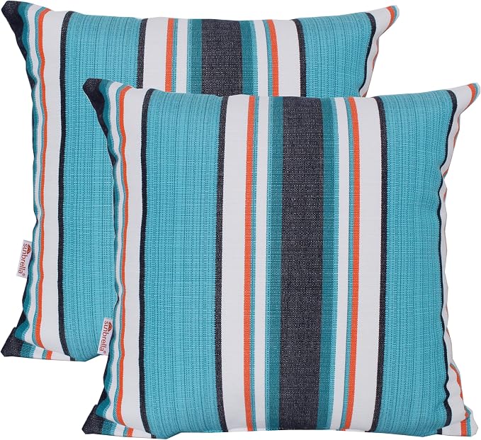 Outdoor/Indoor Sunbrella Throw Pillow Cover Only Square Set of 2 Pieces 20 inch x 20 inch Token Surfside Stripe - Insert Not Included, Navy/Teal