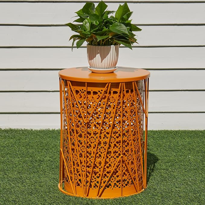 Y&M Set of 3 Stacking Coffee Table for Living Room, Patio Side Table, Indoor End Tables for Bedroom, Outdoor Decorative Garden Stool with Heavy Duty Metal Frame Modern Industrial Decor - Orange