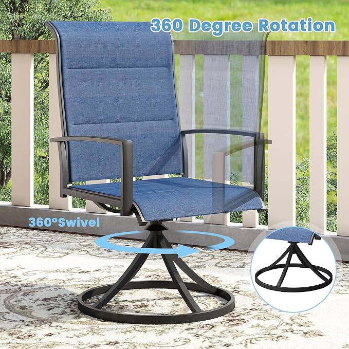 DIFY 9 Piece Outdoor Patio Dining Set for 8, 60" Black Round Metal Dining Table and Swivel Patio Chairs with Blue Padded Textilene, All-Weather Outdoor Furniture Set for Garden Backyard Porch