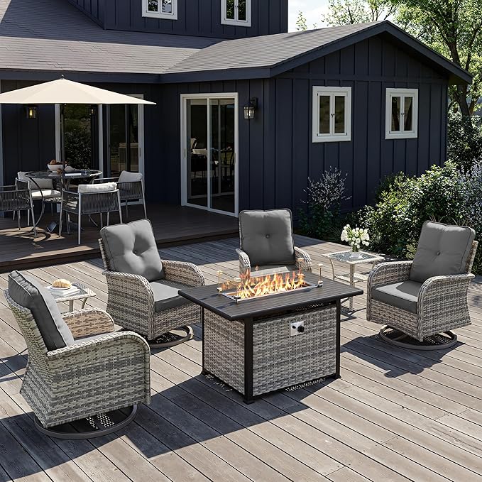 7Pcs Patio Rocking Swivel Chair with 55,000 BTU Fire Pit Table Outdoor Wicker Rattan Bistro Set with Tempered Glass Side Table, Outdoor Patio Furniture Set for Garden and Balcony, Grey
