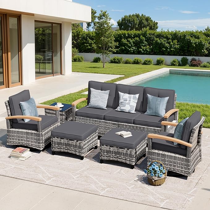 MEISSALIVVE 6 Pieces Patio Furniture Sets,Wicker Patio Conversation Sets with 2 Wood Armrests Swivel Glide Chairs, 2 Ottomans for Deck Yard and Poolside (Grey)