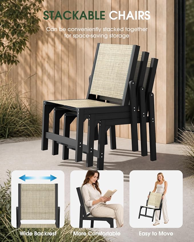 Patio Stackable Chairs Set of 2, HDPE Armless Outdoor Dining Chairs with Wide Seat, All-Weather Textilene Oversized Porch Chair for Garden, Poolside, Backyard, Deck | Black