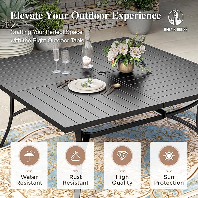 HERA'S HOUSE 9 Pieces Patio Dining Set, Outdoor Table and Chairs Set for 8, 8 x Brown Textilene Dining Chair and 60" Square Metal Dining Table, Outdoor Dining Sets for Lawn Garden Backyard Deck