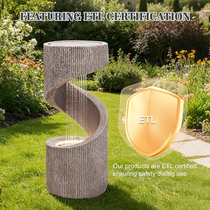 32" Outdoor Water Fountain with LED Light, Modern S-Shaped Spiral Column Fountain, Floor-Standing Resin Curved Fountains, Freestanding Waterfall for Garden, Patio, Backyard (Beige)