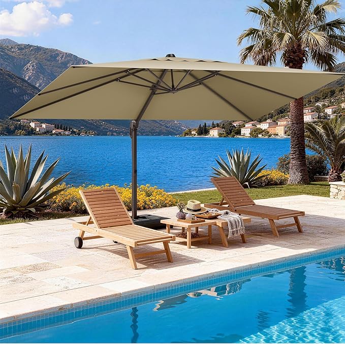 9' X 12' Cantilever Patio Umbrella Rectangle Outdoor Umbrella with Base Included, 6-Level Tilt & 360° Rotation Offset Umbrella for Garden, Deck, Pool (Beige)