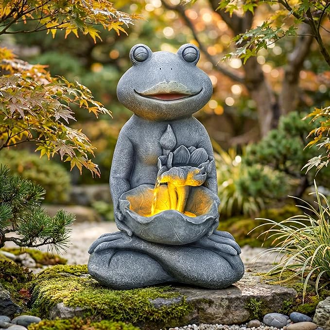 19-Inch Outdoor Water Fountain, Lively Frog Hold a Lotus Resin Waterfall Fountain with Warm LED Light, Frog Statue Water Feature for Garden, Patio, Porch, Backyard, Deck, Lawn, Balcony in Gray
